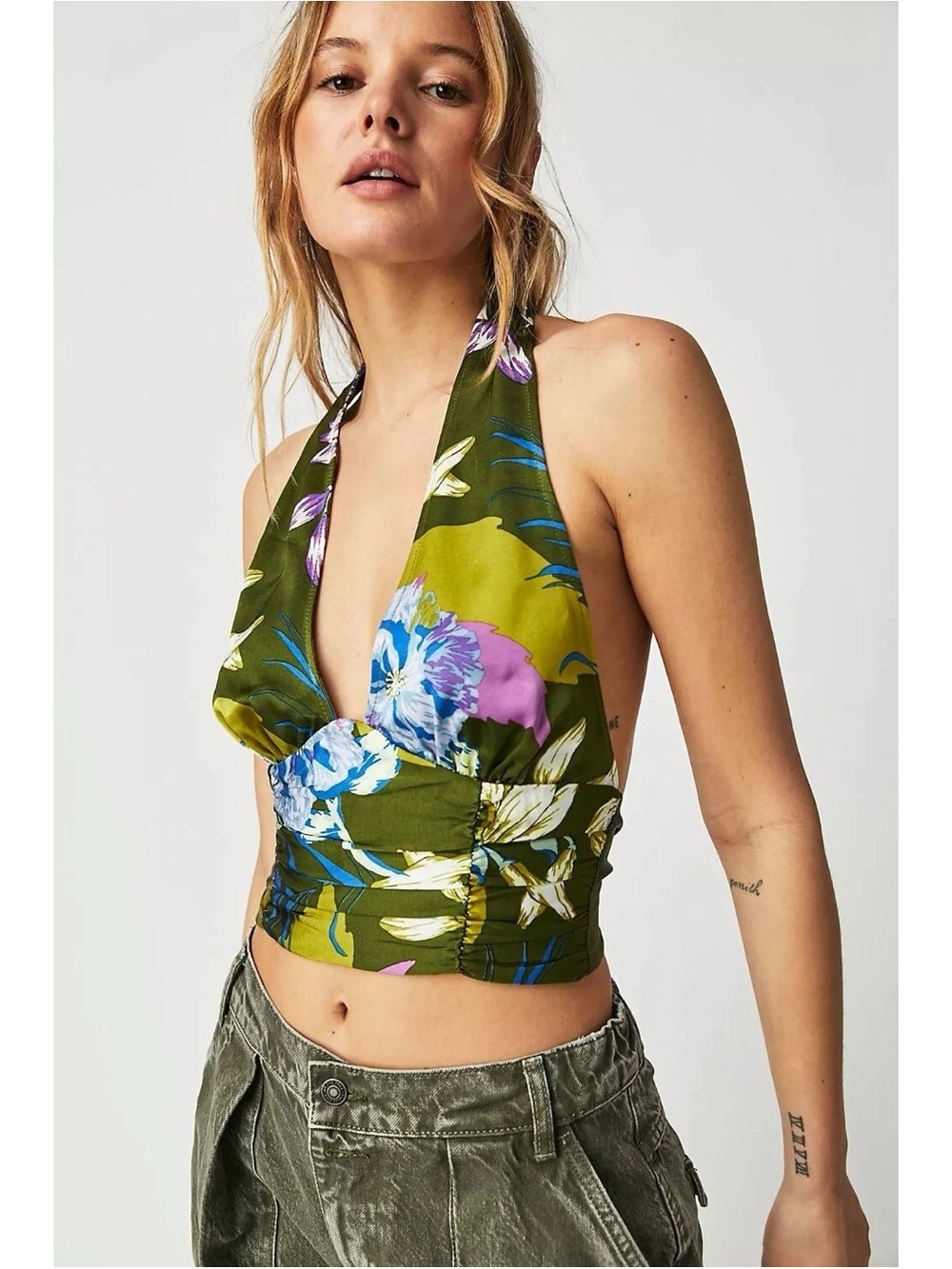 Free People Seraphina Halter Top in Bright Olive Combo